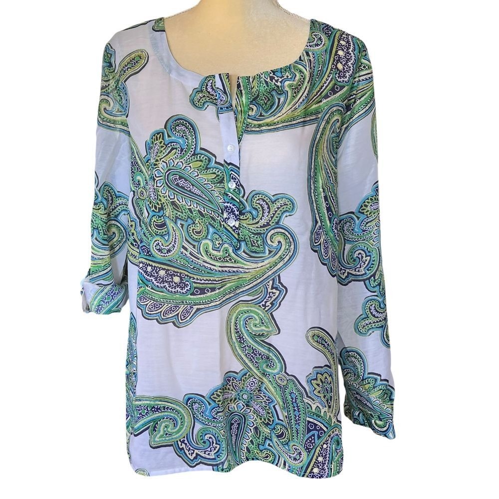 Liz Claiborne Paisley Print Blouse Long Sleeve Shirt‎ Green Blue Large